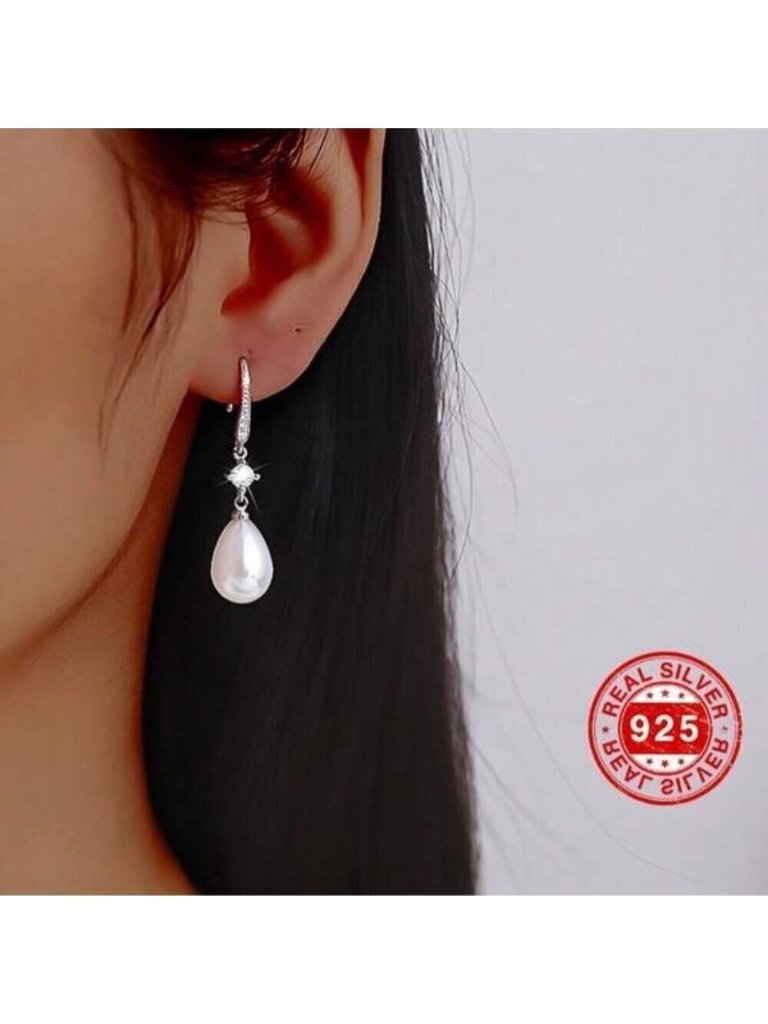Classic Teardrop Pearl Earrings With Sparkling Crystal Sterling Silver 925